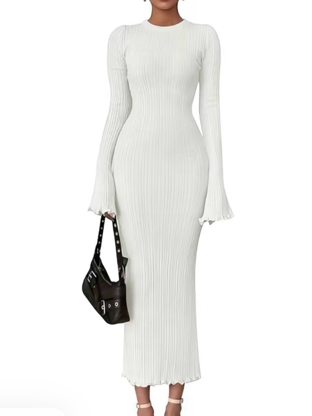 White Ribbed Long-Sleeve Maxi Dress with Flared Cuffs